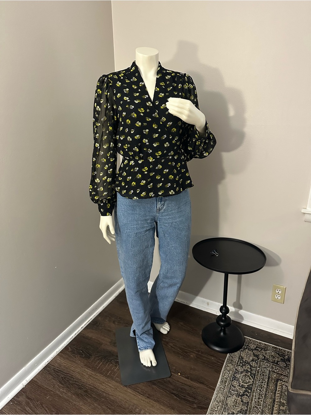 Banana Republic Black Sheer Floral Blouse with Yellow Accent